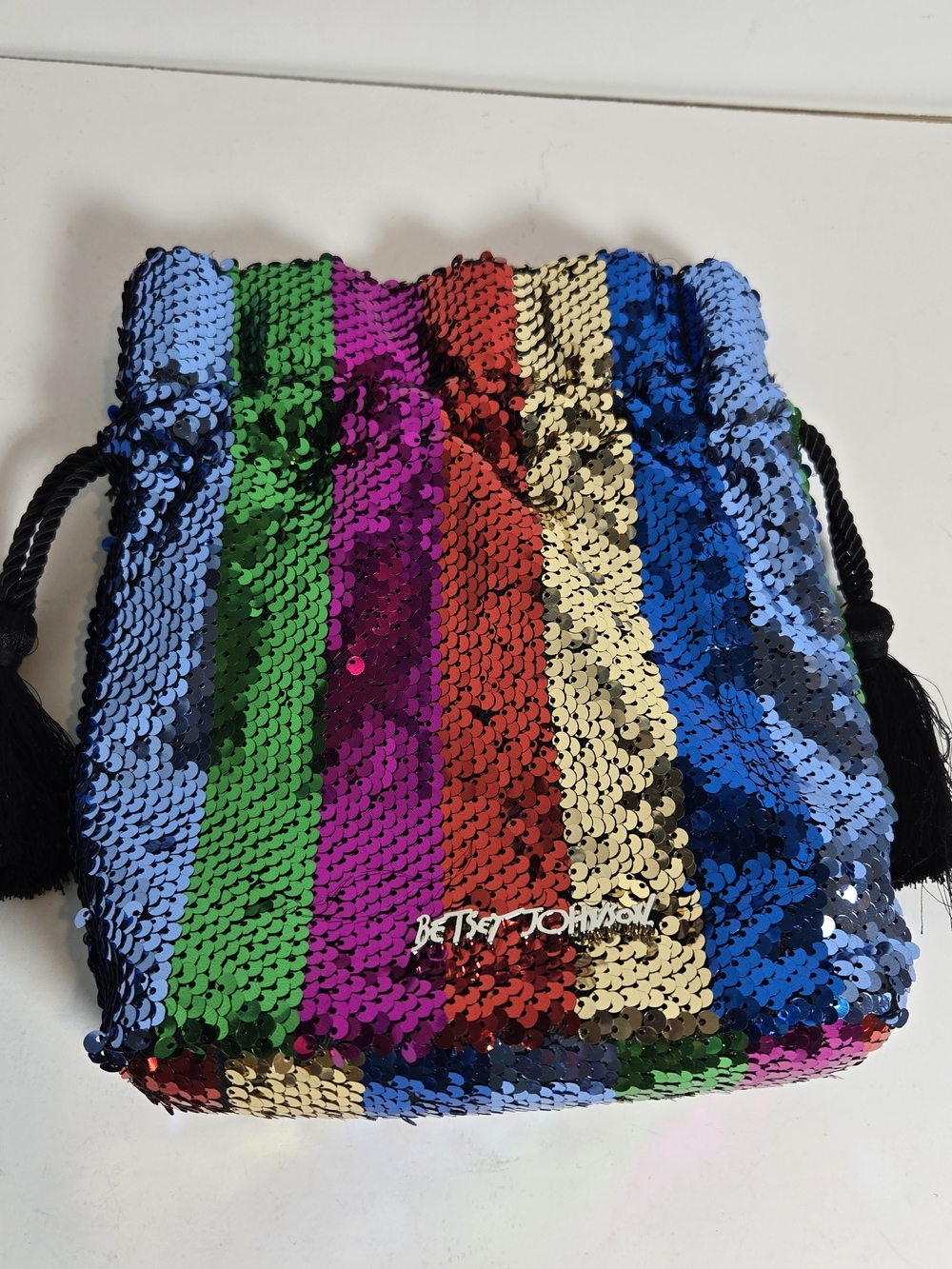 Betsey Johnson Multicolor Sequin Stripe Drawstring Mini Bag